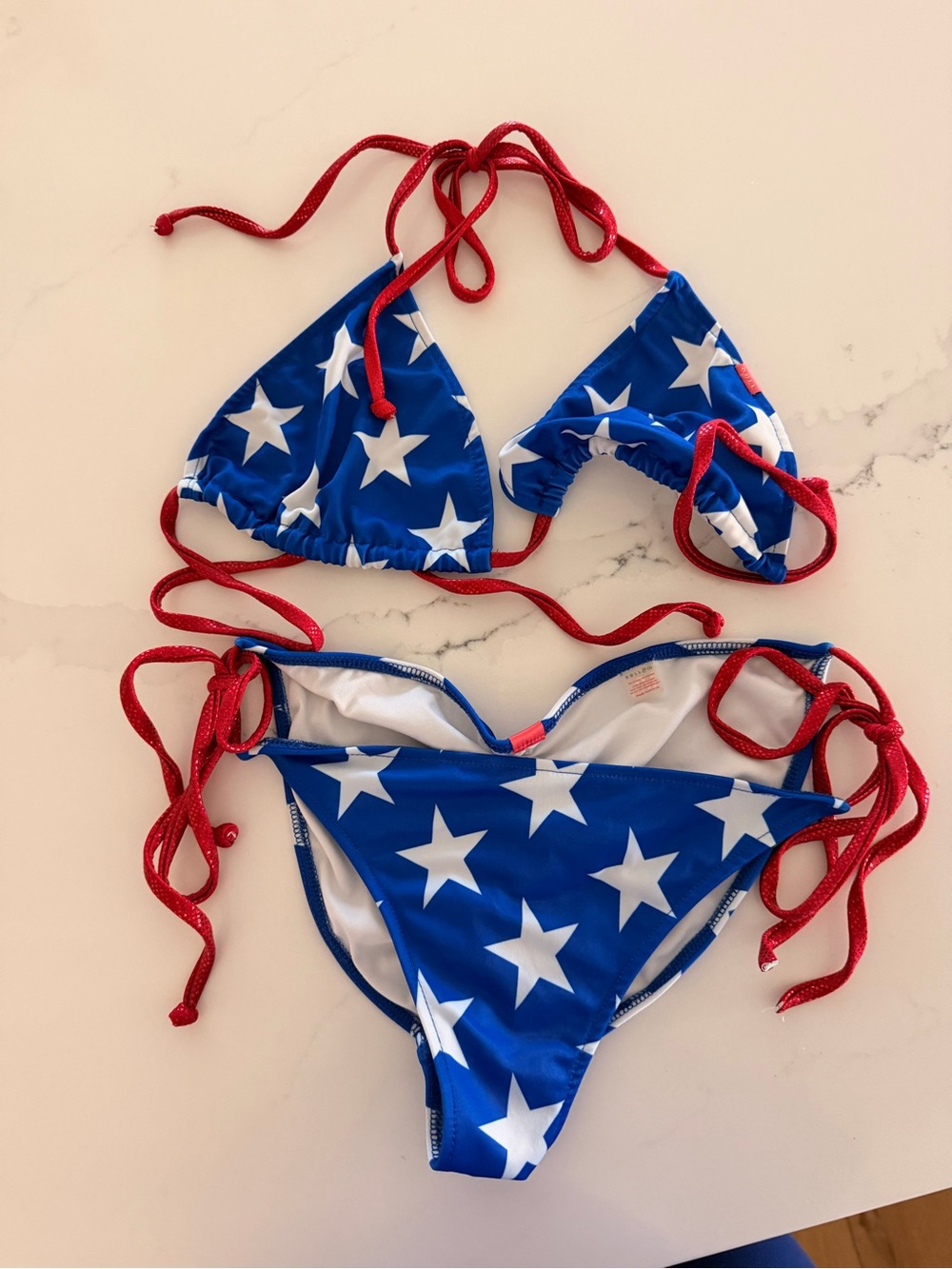 Doll swimwear Blue Star-Print Women's Bikini with Red Tie Straps